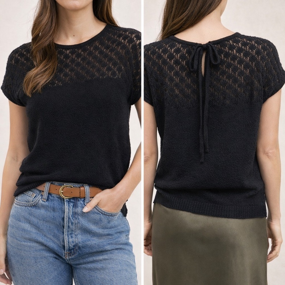 Blu Pepper Black Short Sleeve Knit Top with Openwork Yoke and Back Tie
01-0019